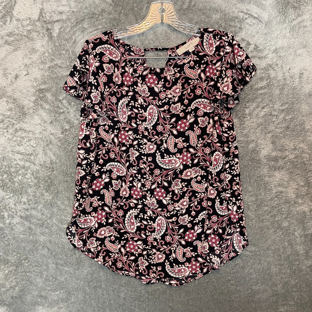 LOFT Women Paisley Floral Chiffon Office Career Flutter Sleeve Blouse Top S